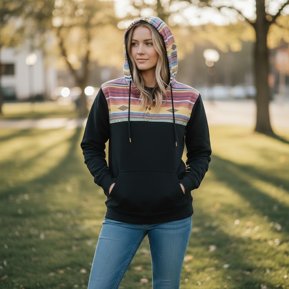 STS Ranchwear‎ Womens Black Serape Southwestern Hoodie Pullover XS Carroll